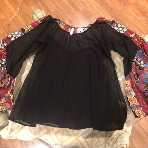 2tee Couture Black Semi-Sheer Peasant Blouse - Colorful Paisley Bell Sleeves